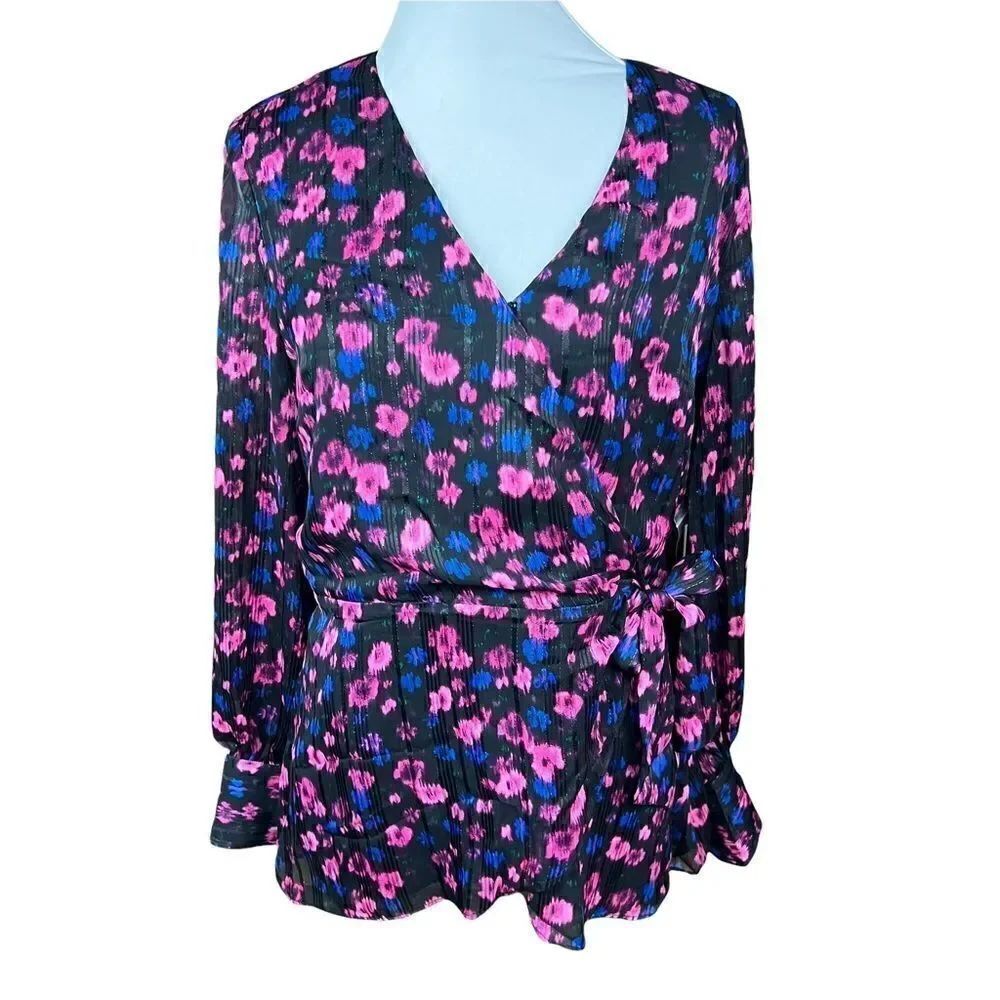 Vince Camuto Blouse Twilight Wrap Tie Side Floral Print Black Pink Blue XS